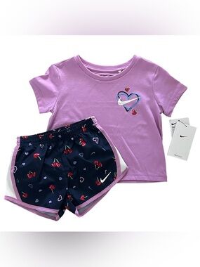 Nike Girls' Lavender Tee & Navy Cherry Heart Shorts Set Size 3T NWT